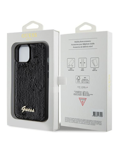 GUESS Coque pour IPHONE 13 / 14 / 15 GUHCP15SPSFDGSK (Sequin Script Metal) noir