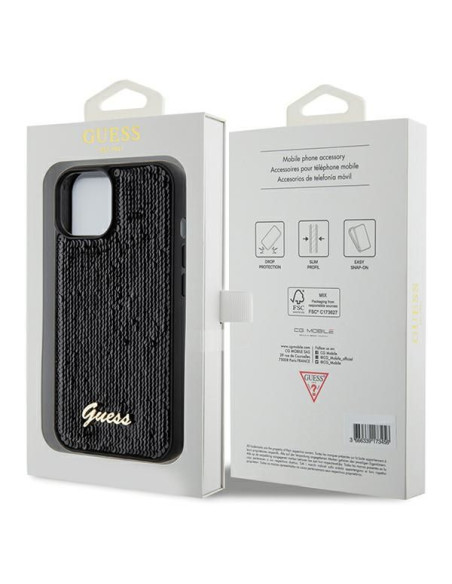 GUESS Coque pour IPHONE 13 / 14 / 15 GUHCP15SPSFDGSK (Sequin Script Metal) noir