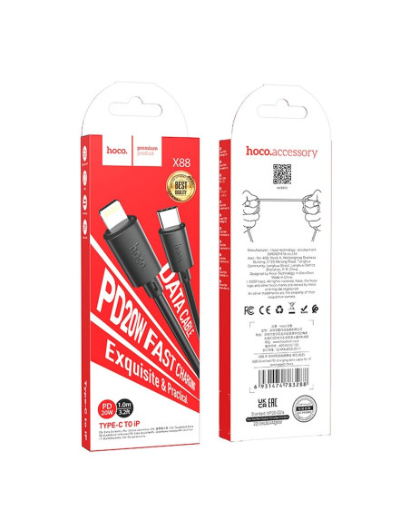 Câble HOCO Type C vers Lightning PD 2.4A 20W X88 1 m noir