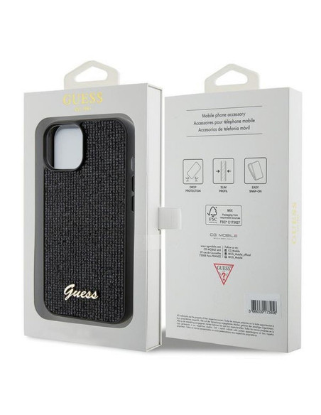 Véritable GUESS Case GUHCP15SPMSDGSK pour iPhone 15 (Disco Script Metal / Black)