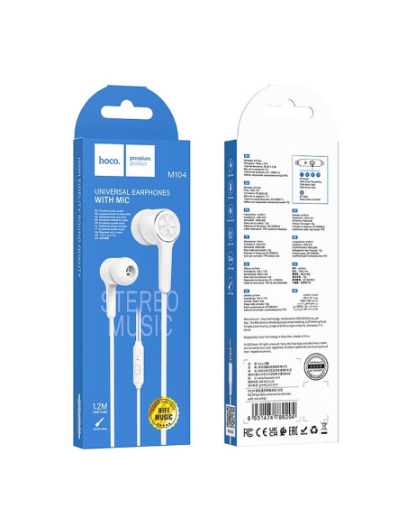 HOCO wire earphones Jack 3,5 mm with microphone M104 white