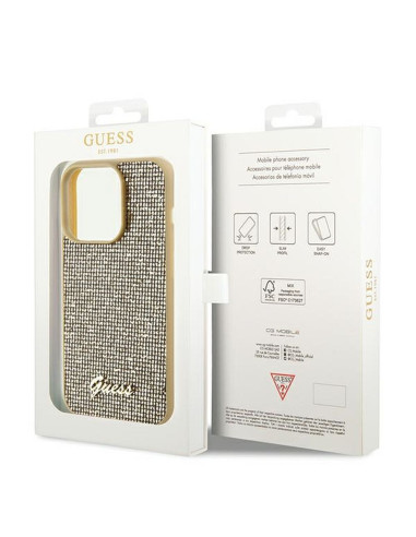 Véritable GUESS Case GUHCP14LPMSDGSD pour iPhone 14 Pro (Disco Script Metal / Gold)