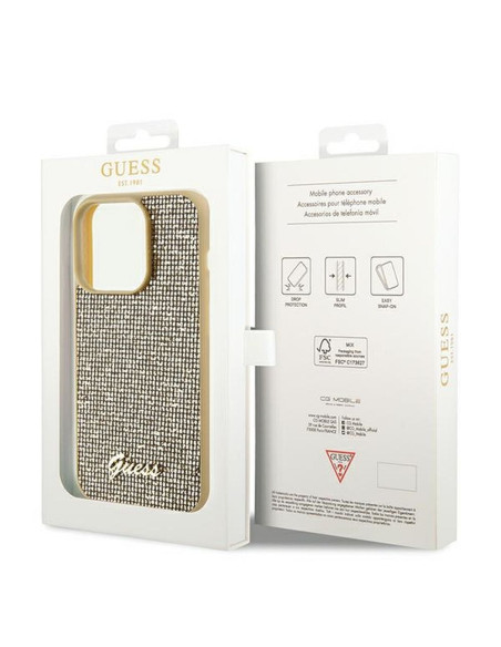 Véritable GUESS Case GUHCP14XPMSDGSD pour iPhone 14 Pro Max (Disco Script Metal / Gold)