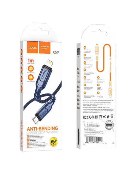 Câble HOCO Type C vers Lightning PD 3A 20W X59 1 m bleu