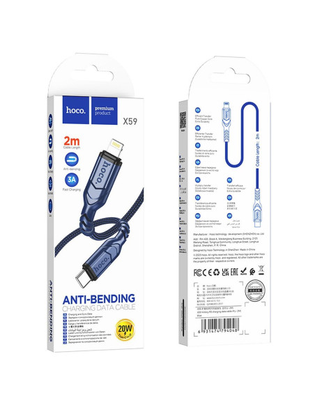Câble HOCO Type C vers Lightning PD 3A 20W X59 2 m bleu