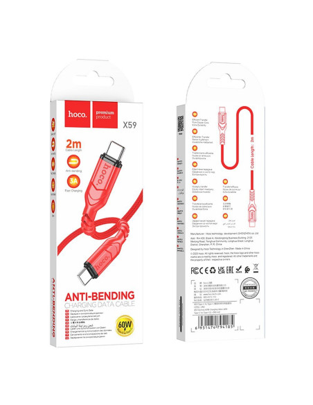 Câble HOCO Type C à Type C PD QC 3A 60W X59 2 m rouge