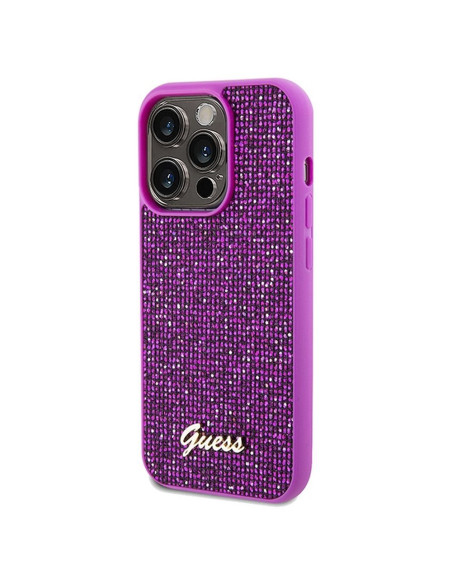 Véritable GUESS Case GUHCP14LPMSDGSF pour iPhone 14 Pro (Disco Script Metal / fuchsia)