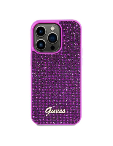 Véritable GUESS Case GUHCP14LPMSDGSF pour iPhone 14 Pro (Disco Script Metal / fuchsia)