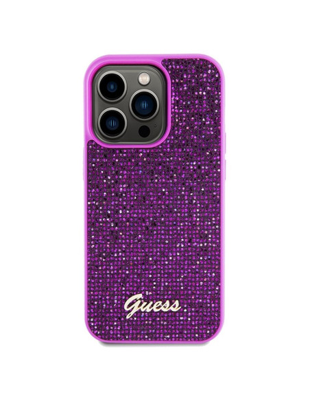 Véritable GUESS Case GUHCP14LPMSDGSF pour iPhone 14 Pro (Disco Script Metal / fuchsia)
