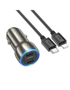 HOCO chargeur de voiture 2 x Type C + Câble Type C vers Lightning PD QC3.0 3A 40W Z48 gris