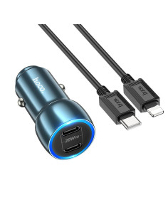 HOCO chargeur de voiture 2 x Type C + Câble Type C vers Lightning PD QC3.0 3A 40W Z48 bleu