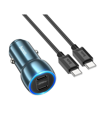 HOCO chargeur de voiture 2 x Type C + câble Type C vers Type C PD QC3.0 3A 40W Z48 bleu
