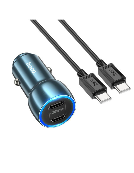 HOCO chargeur de voiture 2 x Type C + câble Type C vers Type C PD QC3.0 3A 40W Z48 bleu