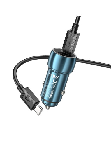 HOCO chargeur de voiture 2 x Type C + câble Type C vers Type C PD QC3.0 3A 40W Z48 bleu