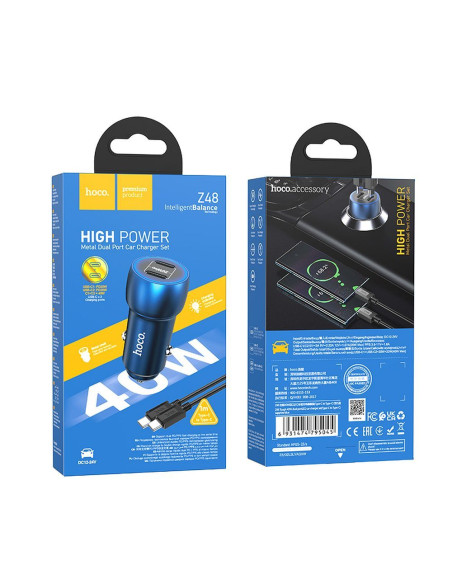 HOCO chargeur de voiture 2 x Type C + câble Type C vers Type C PD QC3.0 3A 40W Z48 bleu