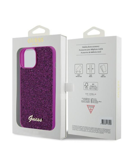 GUESS Coque pour IPHONE 13 / 14 / 15 GUHCP15SPMSDGSF (Disco Metal Script) fuchsia