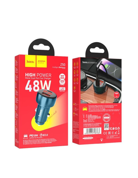 HOCO Chargeur de voiture USB A + Type C avec écran PD QC3.0 3A 48W Z50 bleu