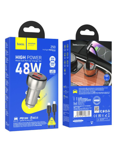 HOCO Chargeur de voiture USB A + Type C avec écran + câble Type C vers Lightning PD QC3.0 3A 48W Z50 gris métal
