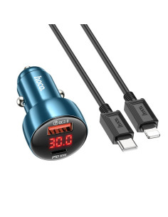 HOCO Chargeur de voiture USB A + Type C avec écran + câble Type C vers Lightning PD QC3.0 3A 48W Z50 bleu