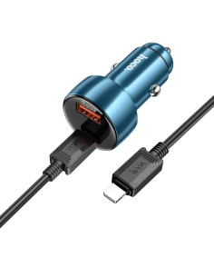 HOCO Chargeur de voiture USB A + Type C avec écran + câble Type C vers Lightning PD QC3.0 3A 48W Z50 bleu 2