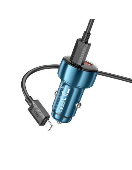 HOCO Chargeur de voiture USB A + Type C avec écran + câble Type C vers Lightning PD QC3.0 3A 48W Z50 bleu