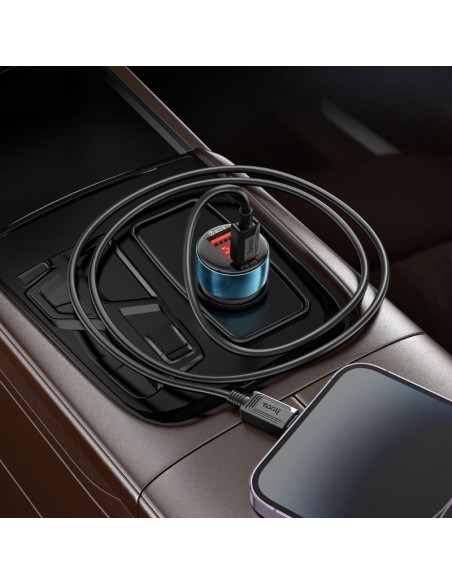 HOCO Chargeur de voiture USB A + Type C avec écran + câble Type C vers Lightning PD QC3.0 3A 48W Z50 bleu