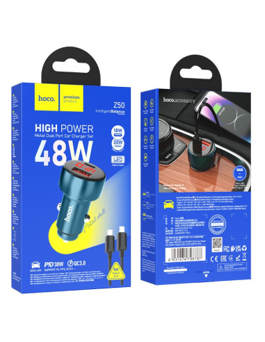 HOCO Chargeur de voiture USB A + Type C avec écran + câble Type C vers Lightning PD QC3.0 3A 48W Z50 bleu