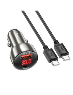 HOCO chargeur de voiture USB A + Type C avec écran + câble Type C vers Type C PD QC3.0 3A 48W Z50 metal grey