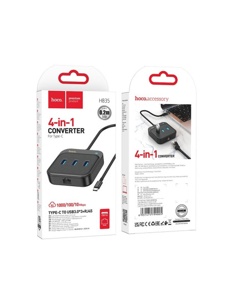 Adaptateur HOCO HUB 4in1 Type C HB35 0,2 m noir