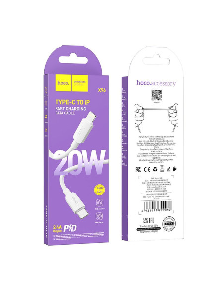 Câble HOCO Type C vers Lightning PD 2.4A 20W X96 1 m blanc