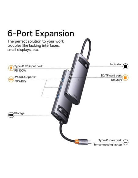 Adaptateur BASEUS HUB 6in1 Type C WKWG030213/BS-OH042 0,15 m gris