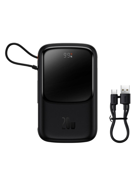 BASEUS powerbank 10 000 mAh avec câble Lightning intégré + câble USB A vers Type C PD QC3.0 3A 20W PPQD020001 noir