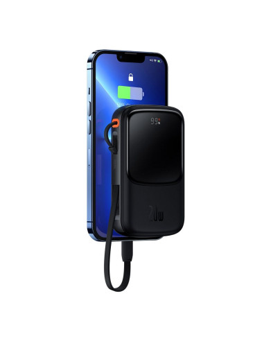 BASEUS powerbank 10 000 mAh avec câble Lightning intégré + câble USB A vers Type C PD QC3.0 3A 20W PPQD020001 noir