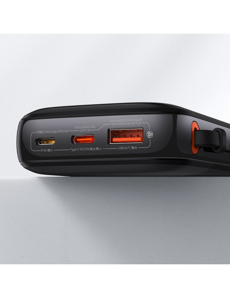 BASEUS powerbank 10 000 mAh avec câble Lightning intégré + câble USB A vers Type C PD QC3.0 3A 20W PPQD020001 noir