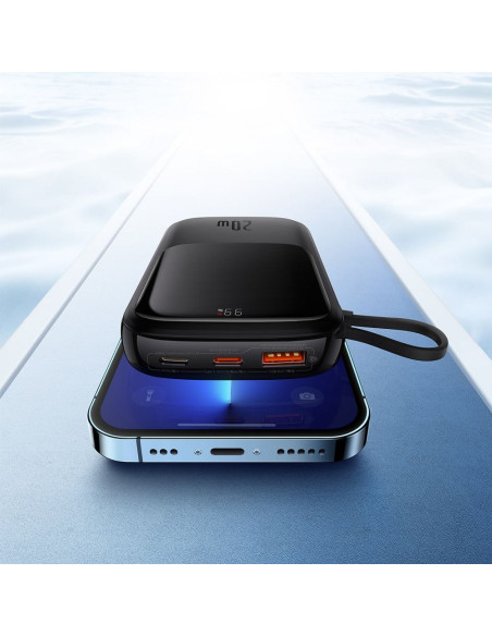 BASEUS powerbank 10 000 mAh avec câble Lightning intégré + câble USB A vers Type C PD QC3.0 3A 20W PPQD020001 noir