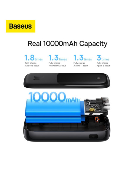 BASEUS powerbank 10 000 mAh avec câble Lightning intégré + câble USB A vers Type C PD QC3.0 3A 20W PPQD020001 noir