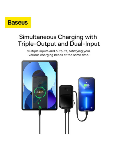 BASEUS powerbank 10 000 mAh avec câble Lightning intégré + câble USB A vers Type C PD QC3.0 3A 20W PPQD020001 noir