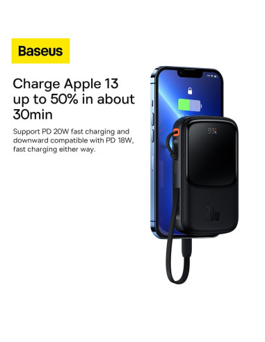 BASEUS powerbank 10 000 mAh avec câble Lightning intégré + câble USB A vers Type C PD QC3.0 3A 20W PPQD020001 noir