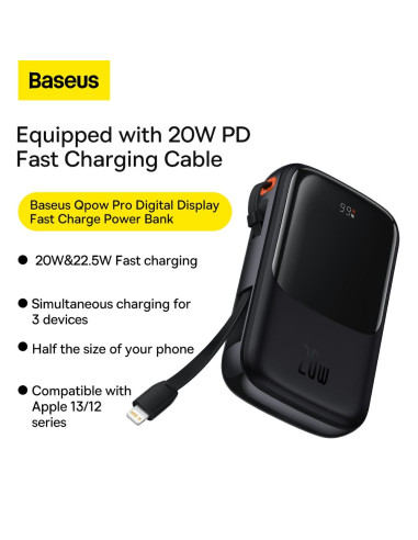 BASEUS powerbank 10 000 mAh avec câble Lightning intégré + câble USB A vers Type C PD QC3.0 3A 20W PPQD020001 noir