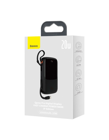 BASEUS powerbank 10 000 mAh avec câble Lightning intégré + câble USB A vers Type C PD QC3.0 3A 20W PPQD020001 noir