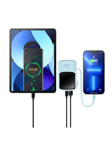BASEUS powerbank 10 000 mAh avec câble Lightning intégré + câble USB A vers Type C PD QC3.0 3A 20W PPQD020003 bleu