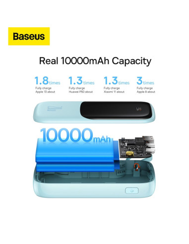 BASEUS powerbank 10 000 mAh avec câble Lightning intégré + câble USB A vers Type C PD QC3.0 3A 20W PPQD020003 bleu
