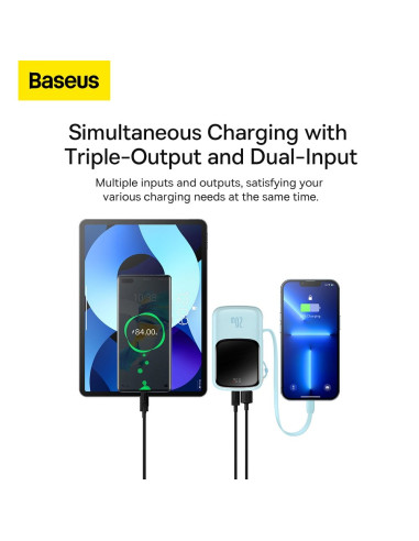 BASEUS powerbank 10 000 mAh avec câble Lightning intégré + câble USB A vers Type C PD QC3.0 3A 20W PPQD020003 bleu