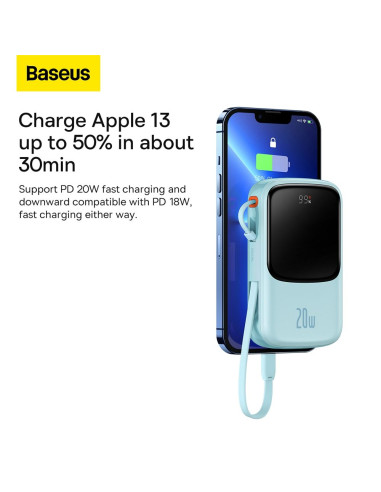 BASEUS powerbank 10 000 mAh avec câble Lightning intégré + câble USB A vers Type C PD QC3.0 3A 20W PPQD020003 bleu
