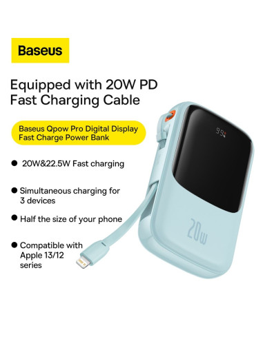 BASEUS powerbank 10 000 mAh avec câble Lightning intégré + câble USB A vers Type C PD QC3.0 3A 20W PPQD020003 bleu
