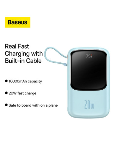 BASEUS powerbank 10 000 mAh avec câble Lightning intégré + câble USB A vers Type C PD QC3.0 3A 20W PPQD020003 bleu