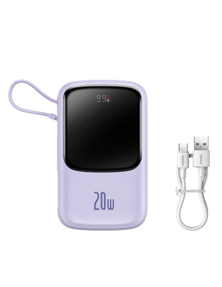 BASEUS powerbank 10 000 mAh avec câble Lightning intégré + câble USB A vers Type C PD QC3.0 3A 20W PPQD020005 violet