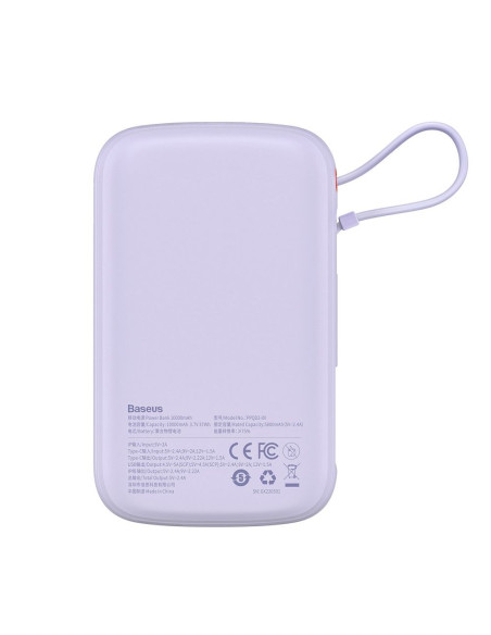 BASEUS powerbank 10 000 mAh avec câble Lightning intégré + câble USB A vers Type C PD QC3.0 3A 20W PPQD020005 violet