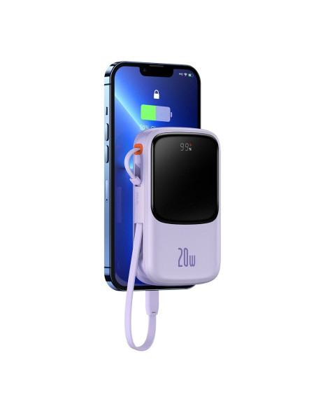 BASEUS powerbank 10 000 mAh avec câble Lightning intégré + câble USB A vers Type C PD QC3.0 3A 20W PPQD020005 violet