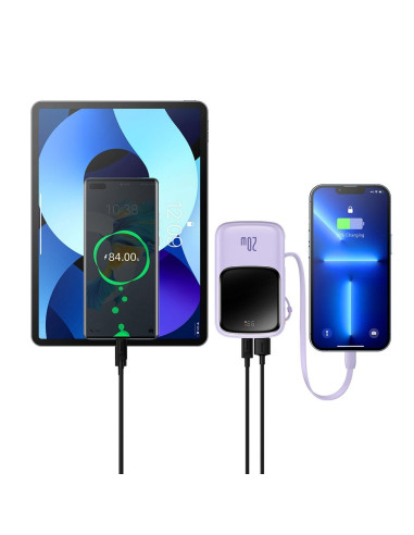 BASEUS powerbank 10 000 mAh avec câble Lightning intégré + câble USB A vers Type C PD QC3.0 3A 20W PPQD020005 violet